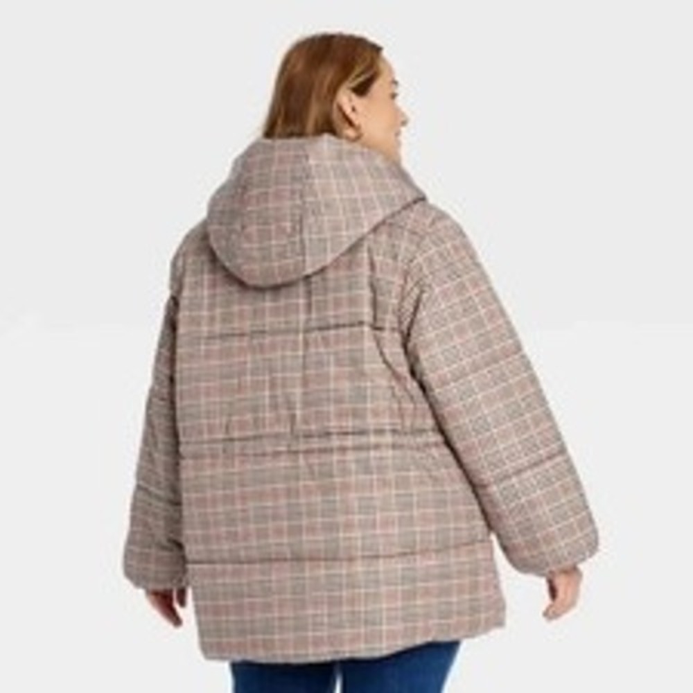 Ava & Viv Womens 3X Plaid Hooded Puffer Jacket Tan Black Orange Quilted Coat